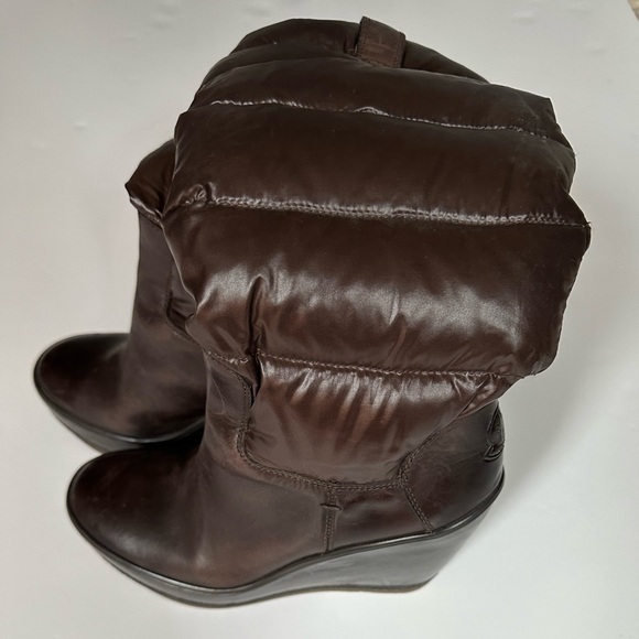 GUC MONCLER BROWN LEATHER DOWN QUILTED NYLON SHAFT TALL SIZE 39 WEDGE PUFF BOOTS - Picture 4 of 15
